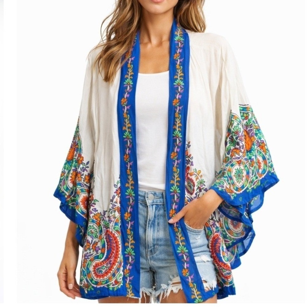 Avani Kimono Cardigan Small White Blue Floral Paisley Beaded Trim Oversized